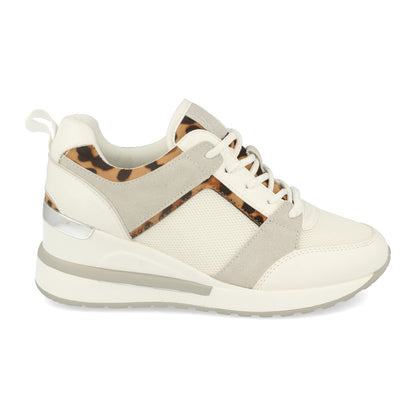 Cyrena White Leopard Wedge – Zapatillas Blancas de Mujer con Cuña, Estampado de Leopardo y Cierre de Cordones | Primavera-Verano