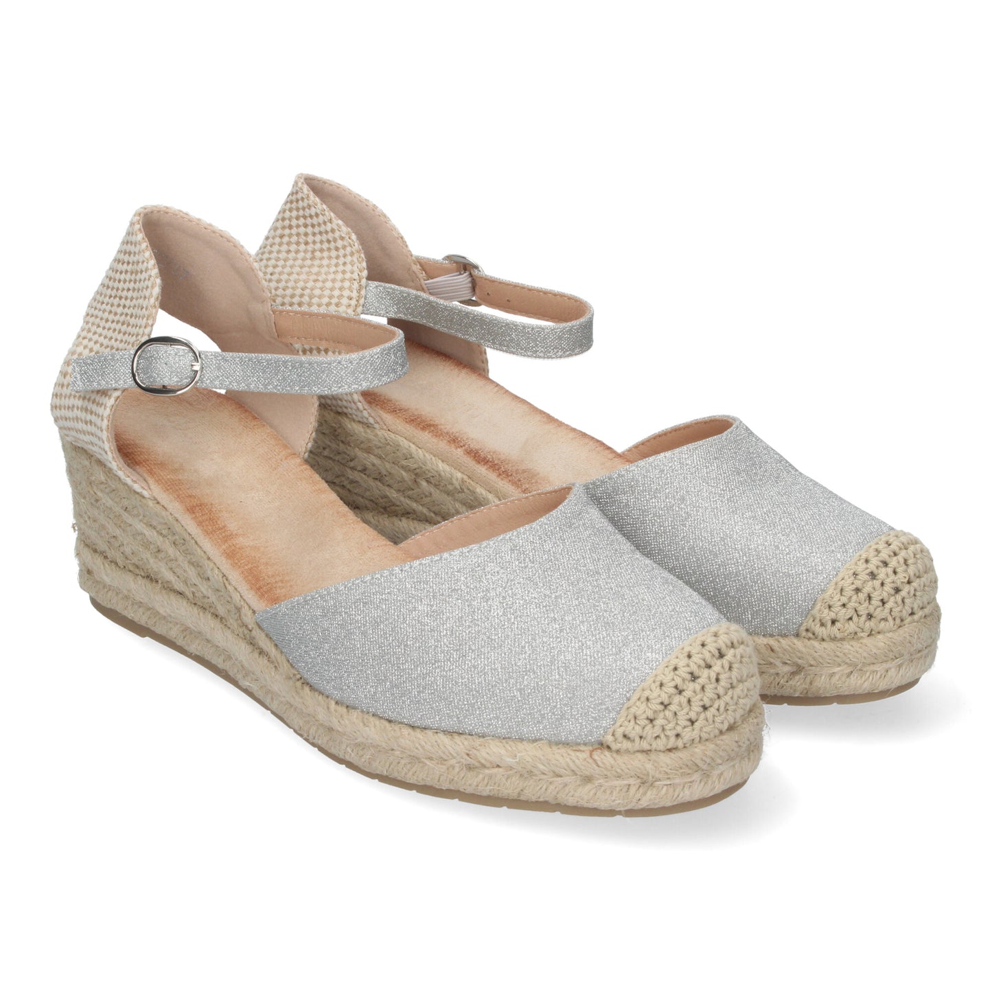 CyrenaStyle Luna Plateada – Sandalia Plateada de Cuña para Mujer | Yute Natural, Pala Cerrada y Hebilla – Brillo Elegante Primavera-Verano