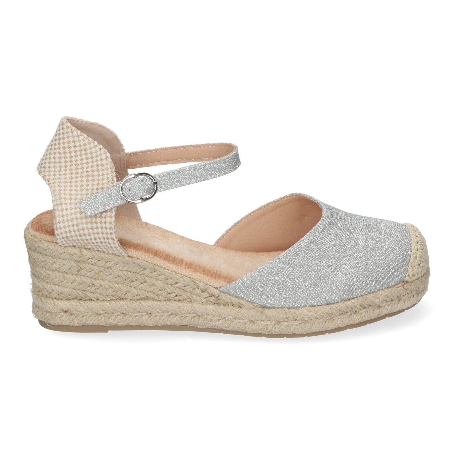 CyrenaStyle Luna Plateada – Sandalia Plateada de Cuña para Mujer | Yute Natural, Pala Cerrada y Hebilla – Brillo Elegante Primavera-Verano