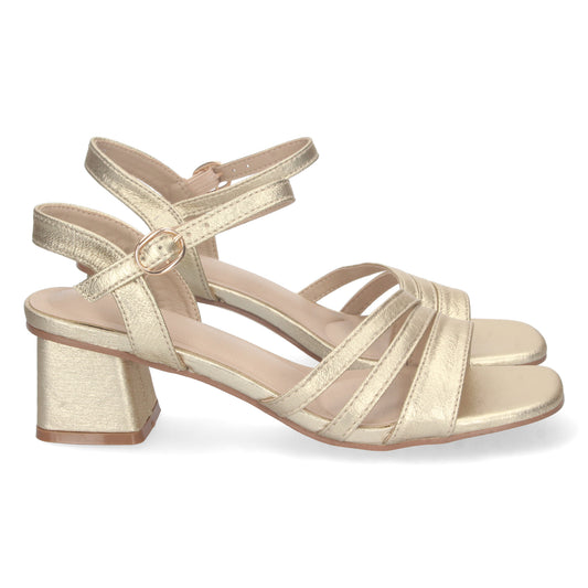 Cyrena Golden Shine – Sandalia Oro de Tacón para Mujer con Triple Pala Brillante