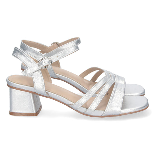 Cyrena Silver Glam – Sandalia Plata de Tacón para Mujer con Triple Pala y Brillo