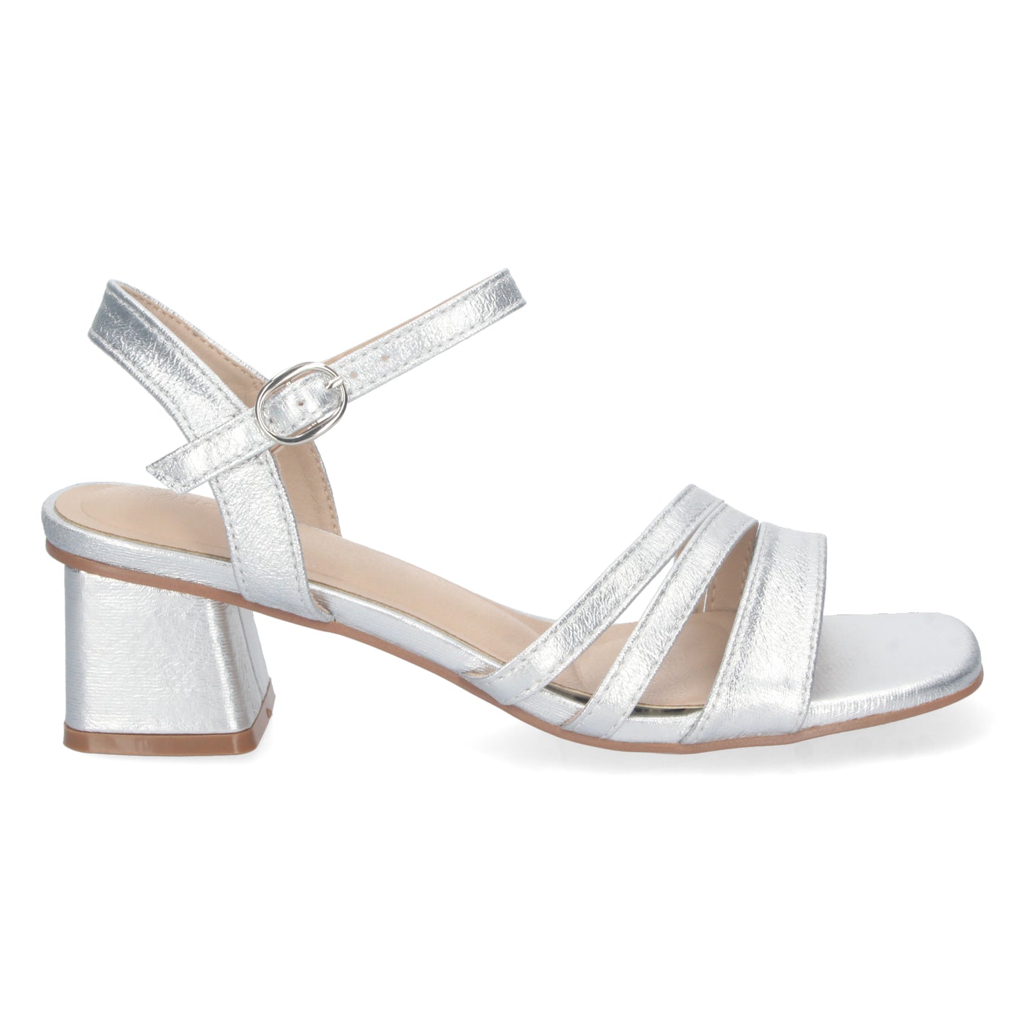 Cyrena Silver Glam – Sandalia Plata de Tacón para Mujer con Triple Pala y Brillo