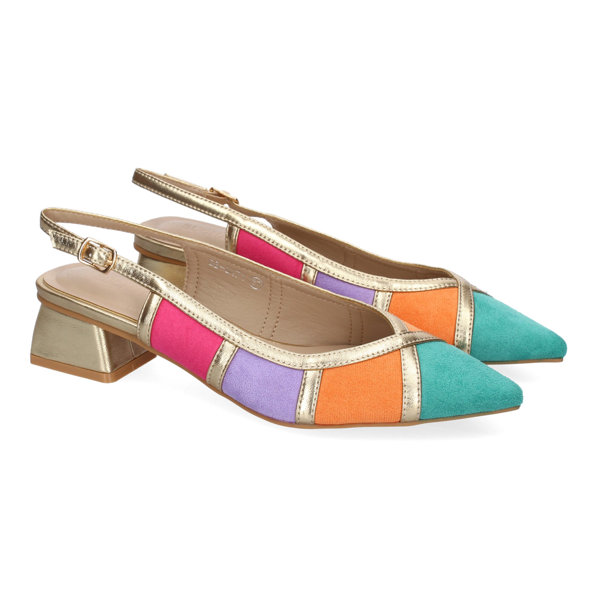 Zapato Multicolor y Dorado De Salon  Plano Y Punta Fina De Mujer