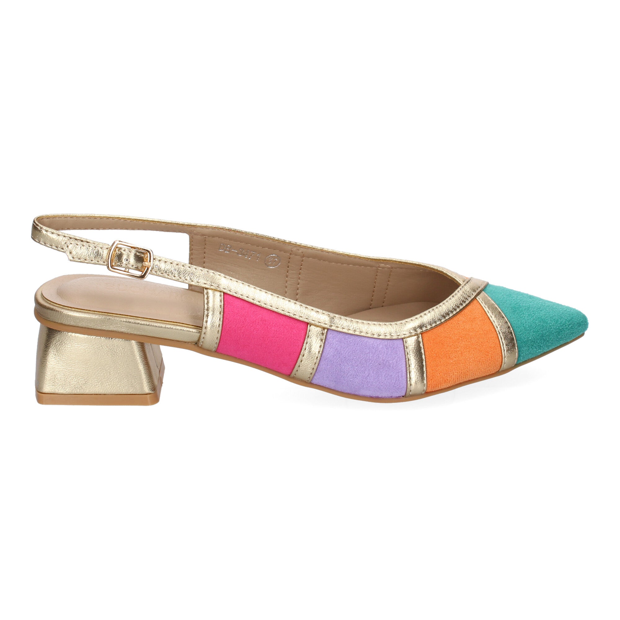 Zapato Multicolor y Dorado De Salon  Plano Y Punta Fina De Mujer