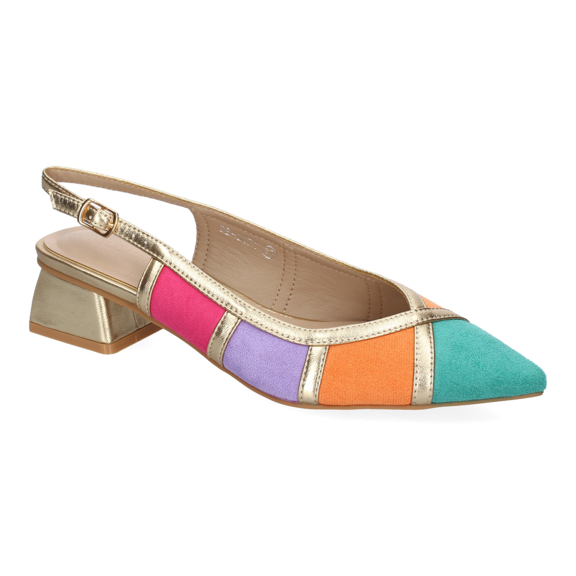 Zapato Multicolor y Dorado De Salon  Plano Y Punta Fina De Mujer