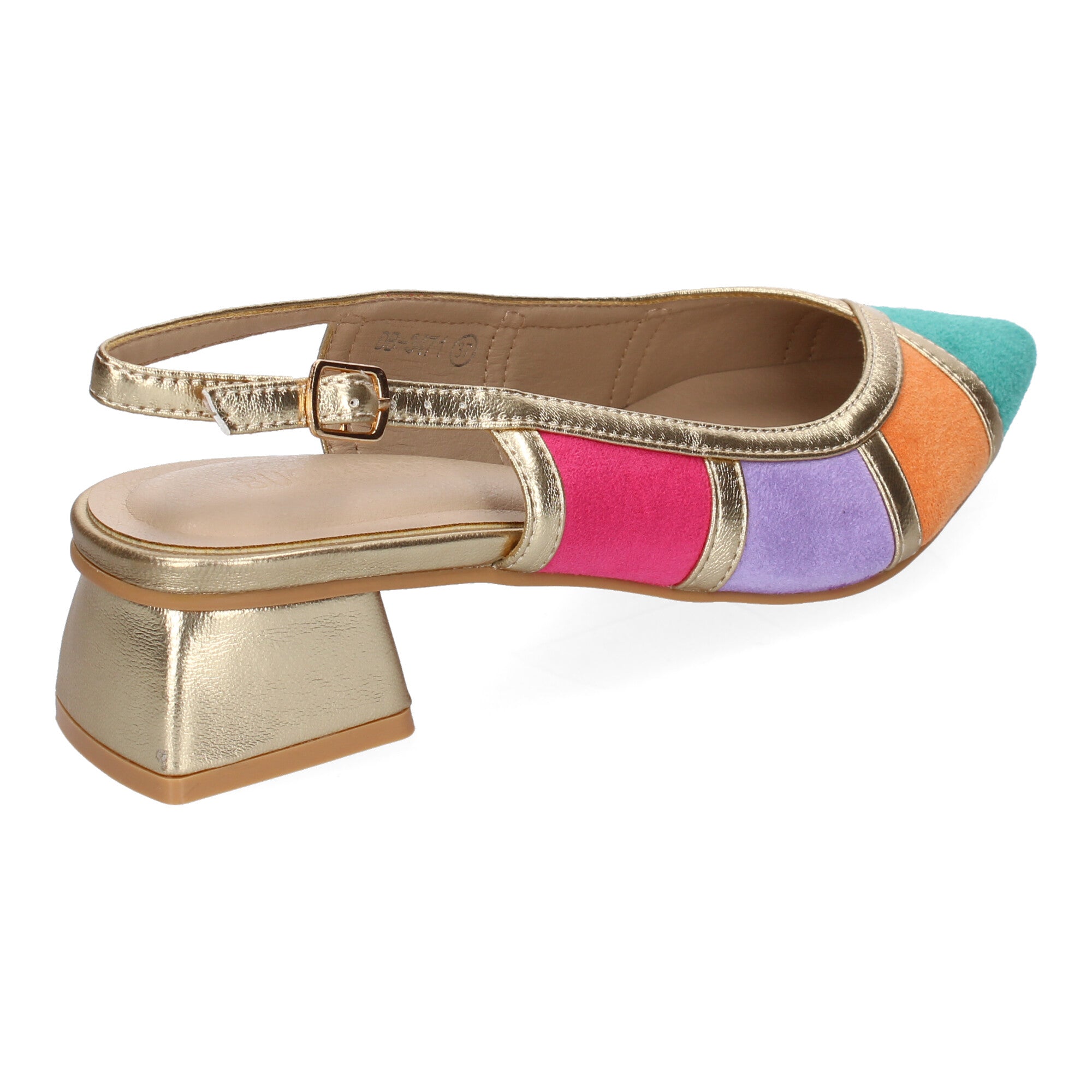 Zapato Multicolor y Dorado De Salon  Plano Y Punta Fina De Mujer