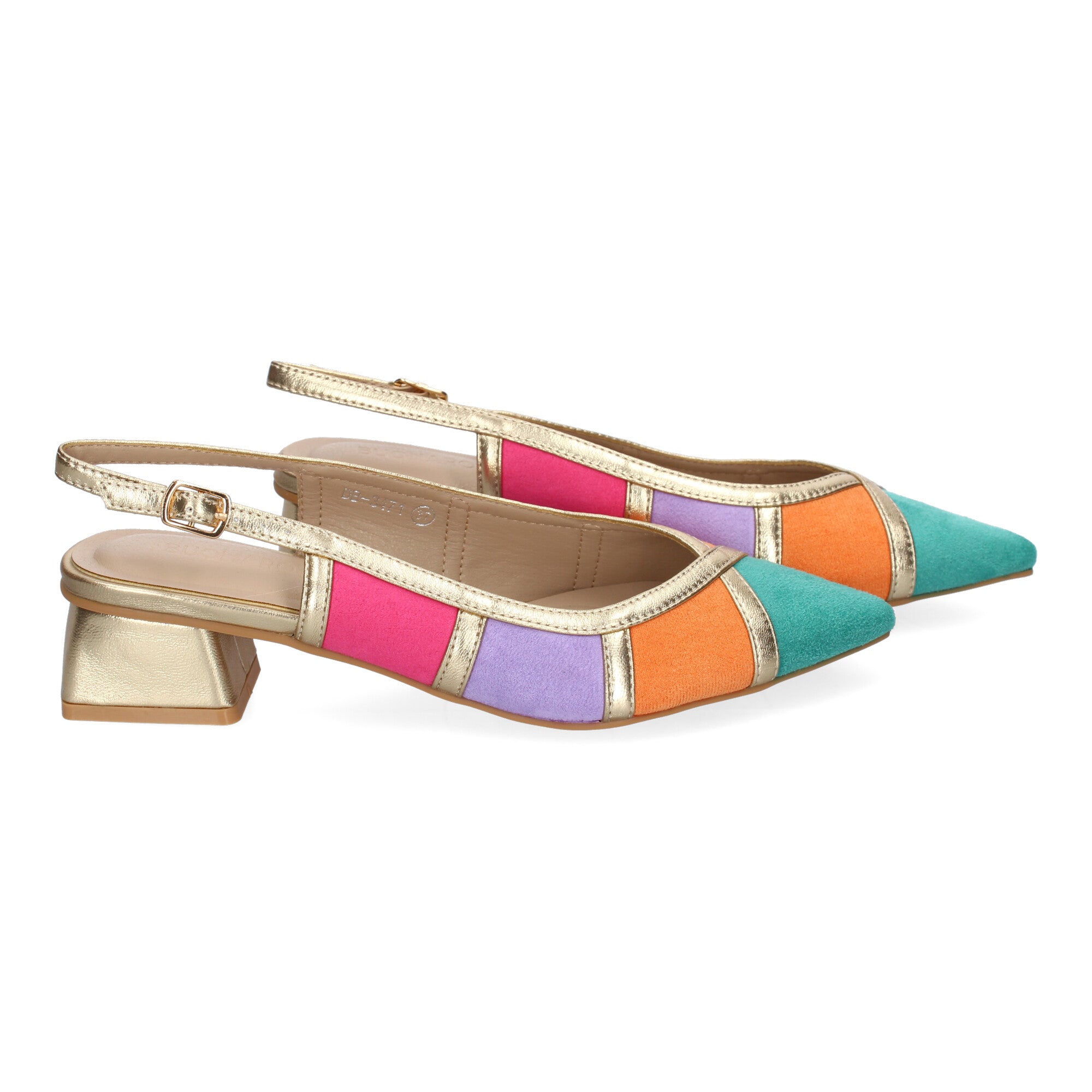 Zapato Multicolor y Dorado De Salon  Plano Y Punta Fina De Mujer
