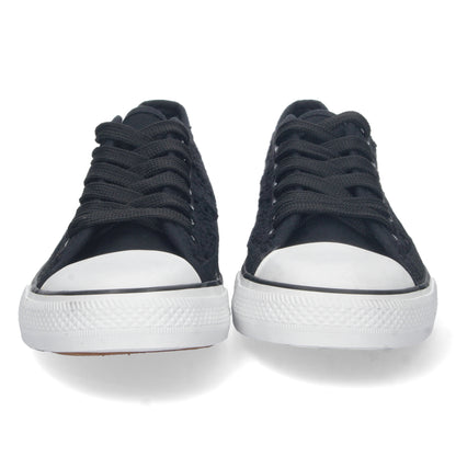 Cyrena Black Bamba – Zapatilla Negra Plana para Mujer, Cómoda con Material Bordado y Calado Transpirable y Cierre de Cordones