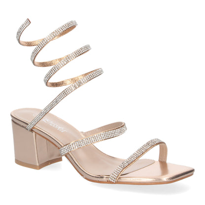 Cyrena Champagne Glow – Sandalia Champán Brillante de Tacón Ancho con Adornos Elegantes y Correas al Tobillo