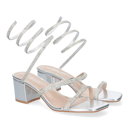 Cyrena Silver Shine – Sandalias Plateadas para Mujer con Tacón Ancho y Brillos