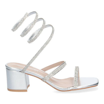 Cyrena Silver Shine – Sandalias Plateadas para Mujer con Tacón Ancho y Brillos