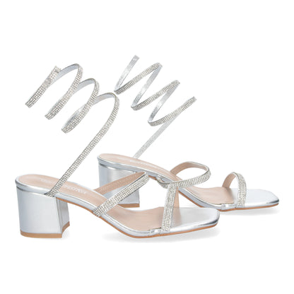 Cyrena Silver Shine – Sandalias Plateadas para Mujer con Tacón Ancho y Brillos