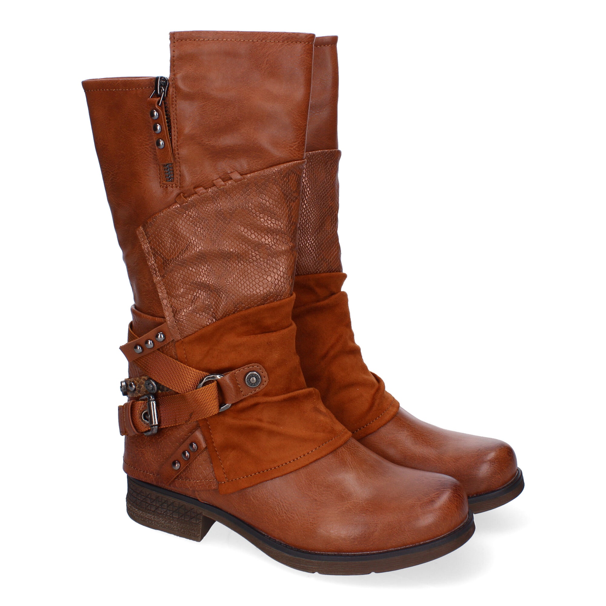 Botas de Mujer Elegantes con Hebillas, Tiras Decorativas y Cremallera Lateral