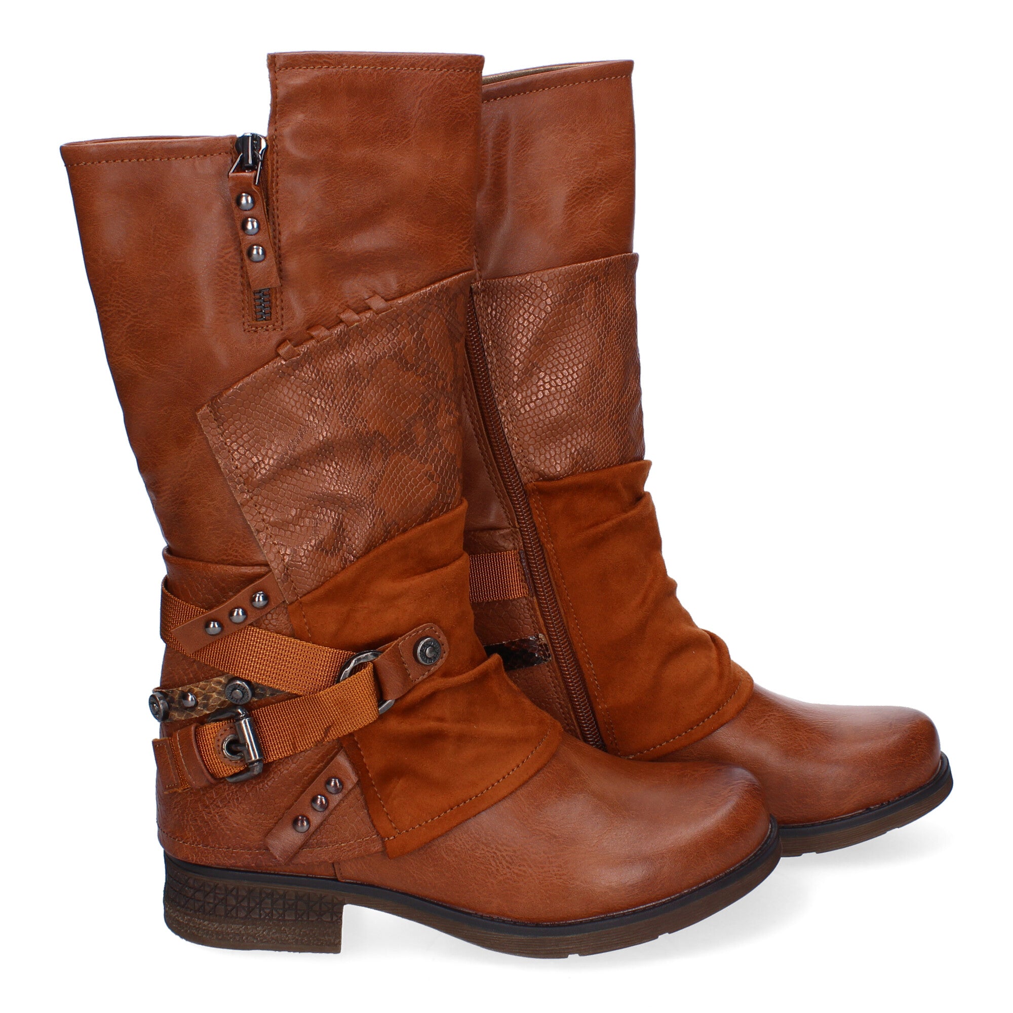 Botas de Mujer Elegantes con Hebillas, Tiras Decorativas y Cremallera Lateral