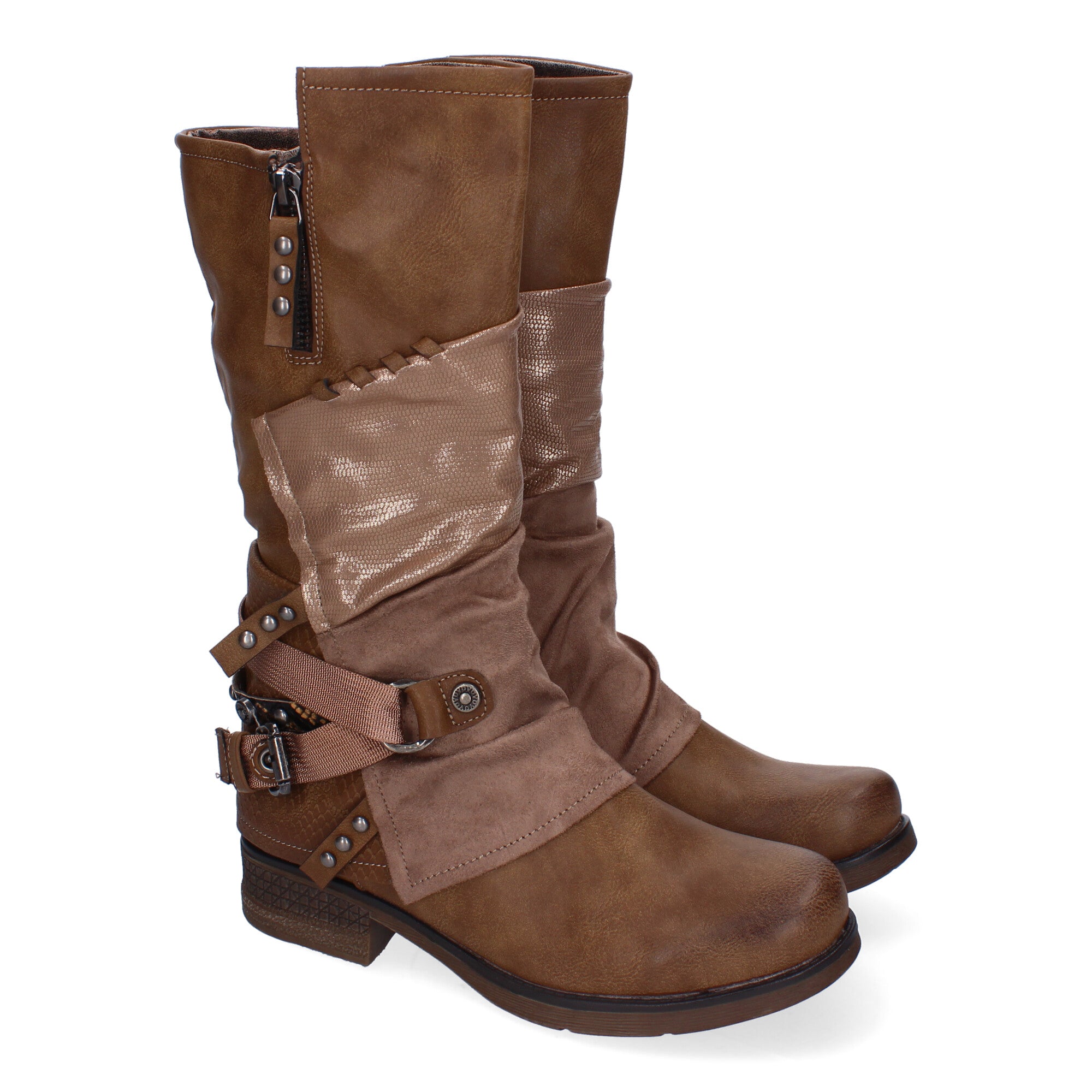 Botas de Mujer Elegantes con Hebillas, Tiras Decorativas y Cremallera Lateral