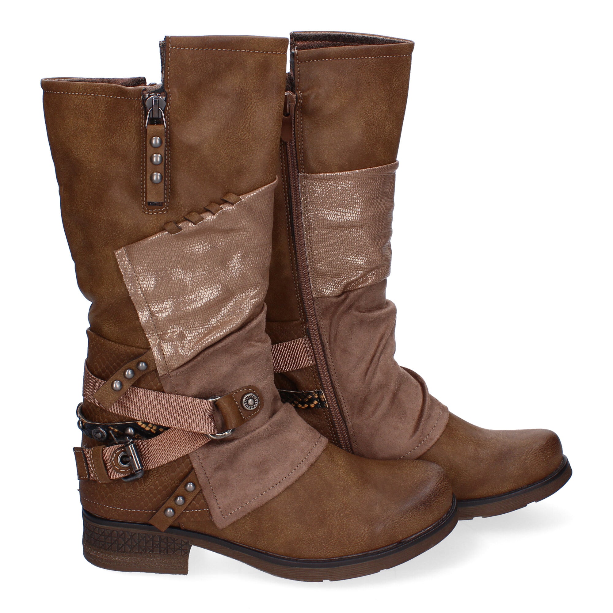 Botas de Mujer Elegantes con Hebillas, Tiras Decorativas y Cremallera Lateral