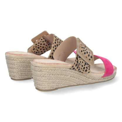 CyrenaStyle Fucsia Leopardo – Sandalia de Cuña para Mujer con Estampado Animal Print y Talón Abierto | Primavera-Verano, Cómoda y Atemporal