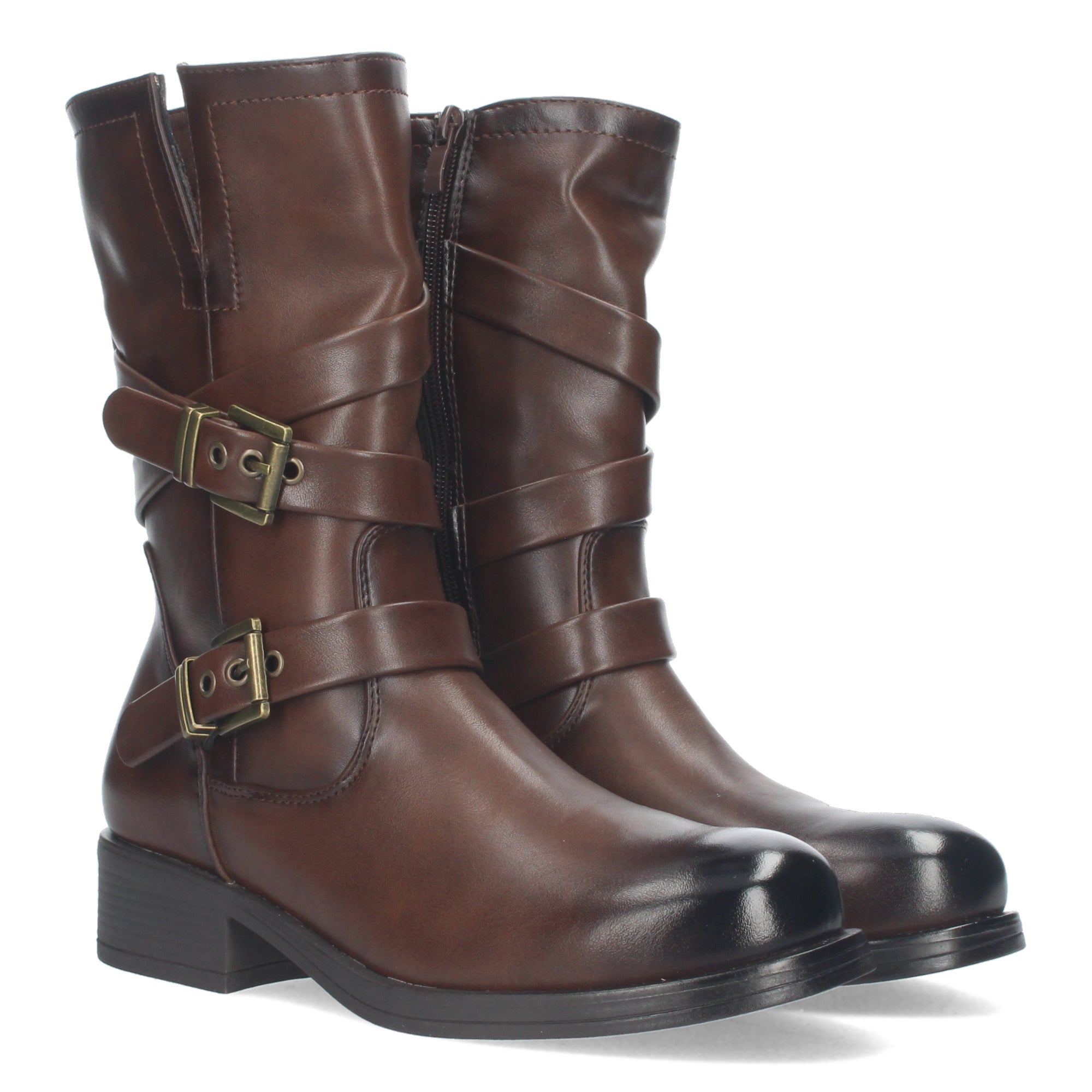 Bota Motera de Mujer con Hebillas Decorativas, Cierre de Cremallera y Caña de 22,5 cm