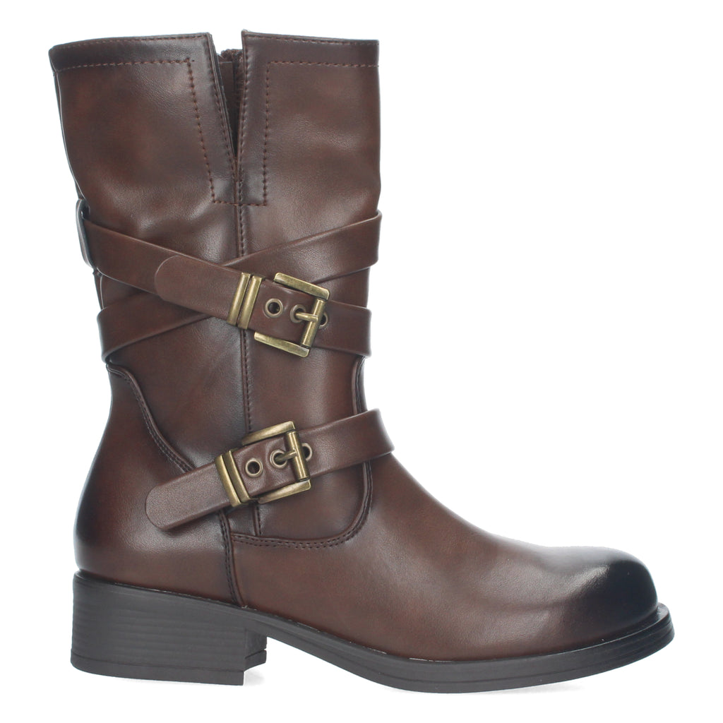 Bota Motera de Mujer con Hebillas Decorativas, Cierre de Cremallera y Caña de 22,5 cm