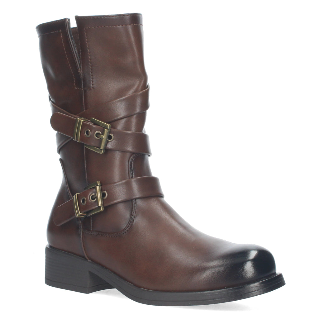 Bota Motera de Mujer con Hebillas Decorativas, Cierre de Cremallera y Caña de 22,5 cm