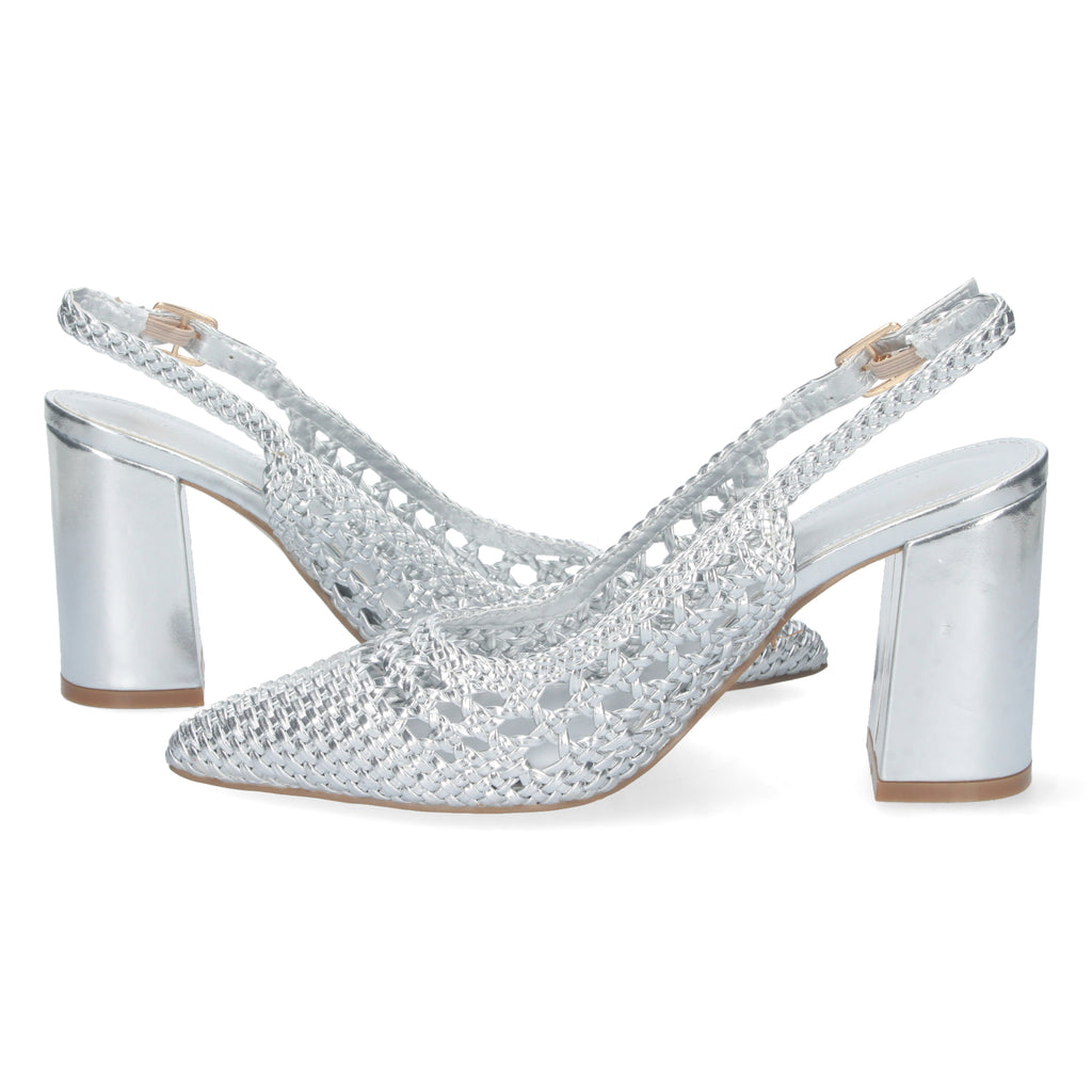 Zapato Plateado De Salon  de Tacon Alto y Ancho para Mujer