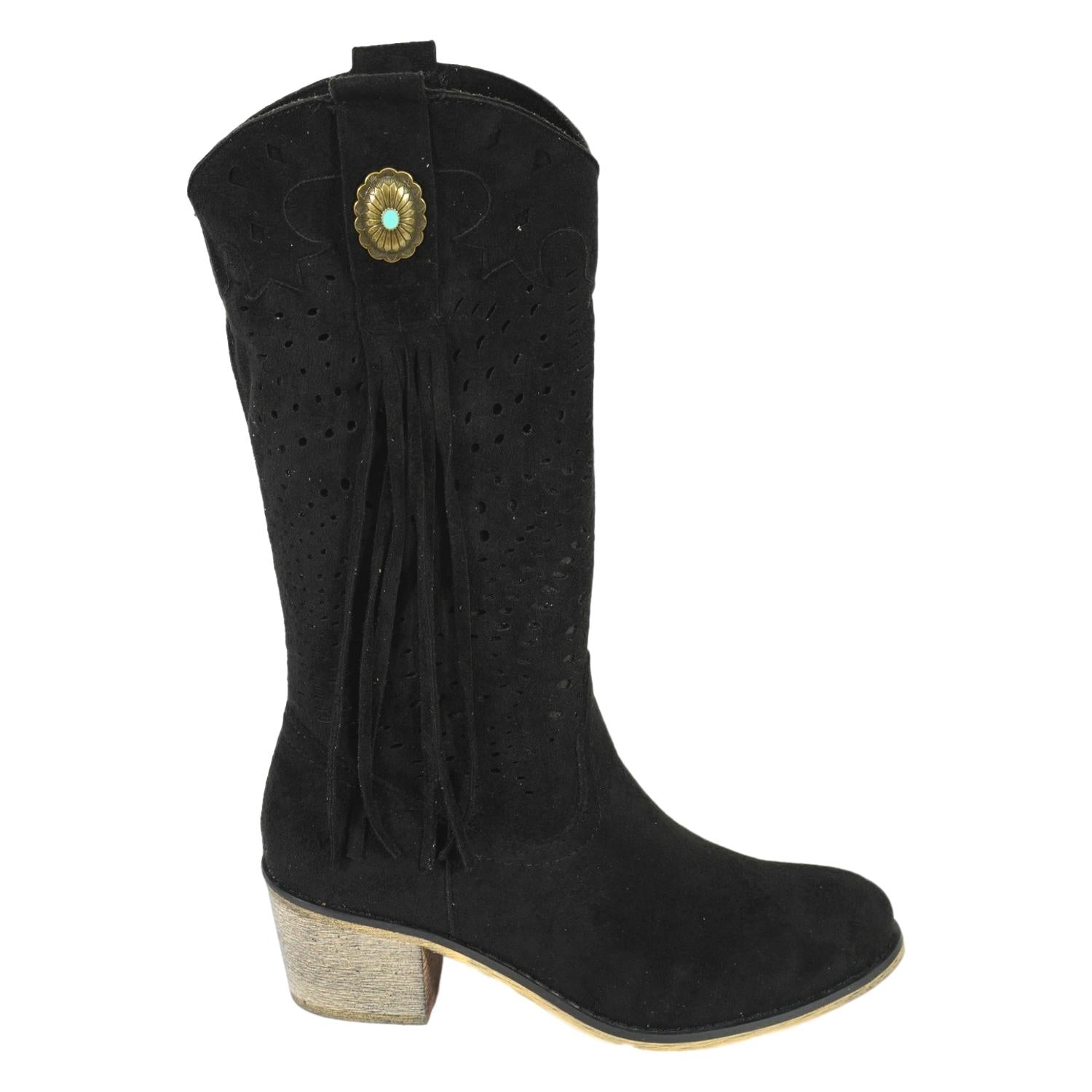 Bota Campera para Mujer con Tacón, Flecos y Adorno Metálico en la Caña