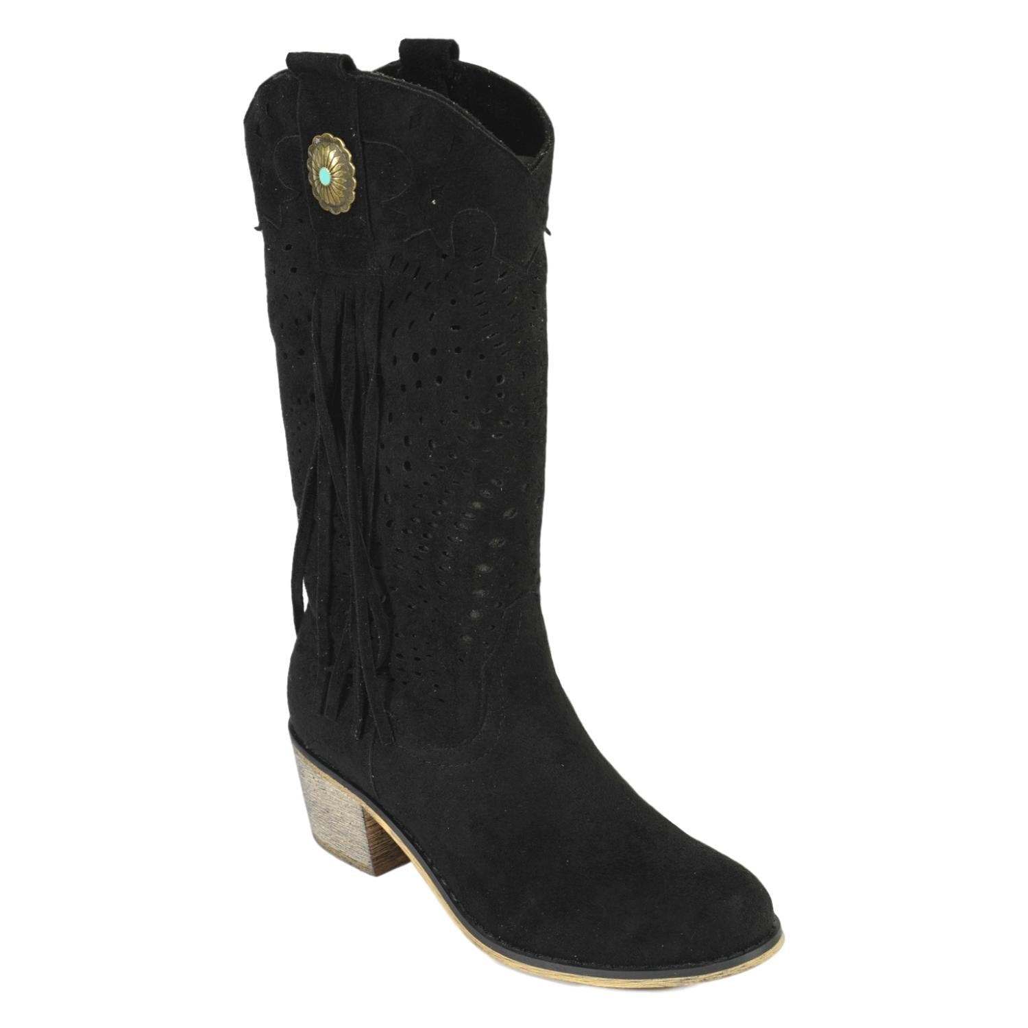 Bota Campera para Mujer con Tacón, Flecos y Adorno Metálico en la Caña