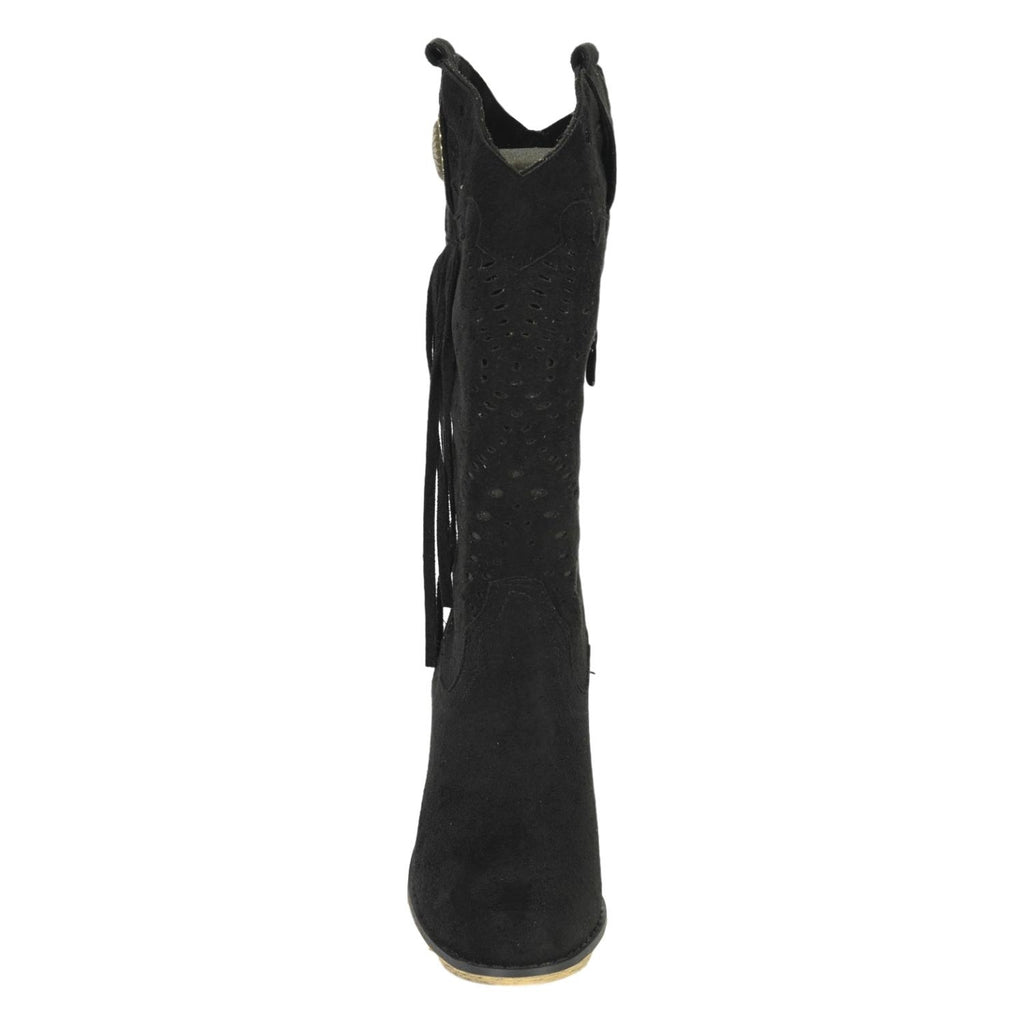 Bota Campera para Mujer con Tacón, Flecos y Adorno Metálico en la Caña