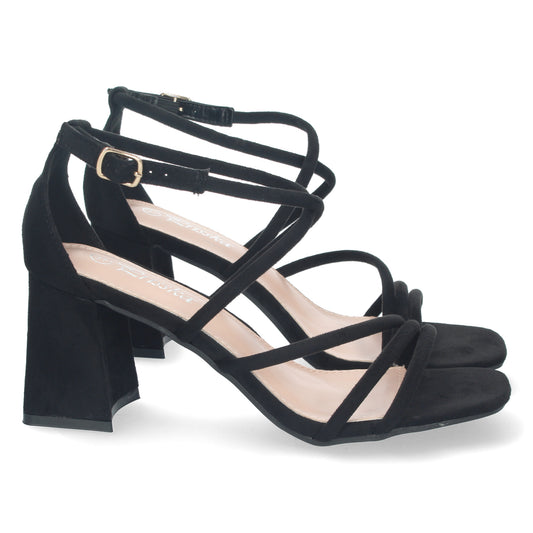Cyrena Lidya Black – Sandalias Negras de Tacón con Tiras Cruzadas y Cierre de Hebilla