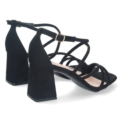 Cyrena Lidya Black – Sandalias Negras de Tacón con Tiras Cruzadas y Cierre de Hebilla