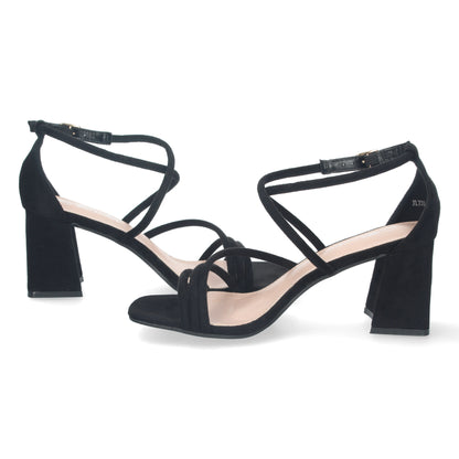Cyrena Lidya Black – Sandalias Negras de Tacón con Tiras Cruzadas y Cierre de Hebilla