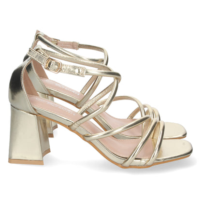 Cyrena Gold Glam – Sandalia de Tacón Oro con Tiras Cruzadas y Cierre de Hebilla
