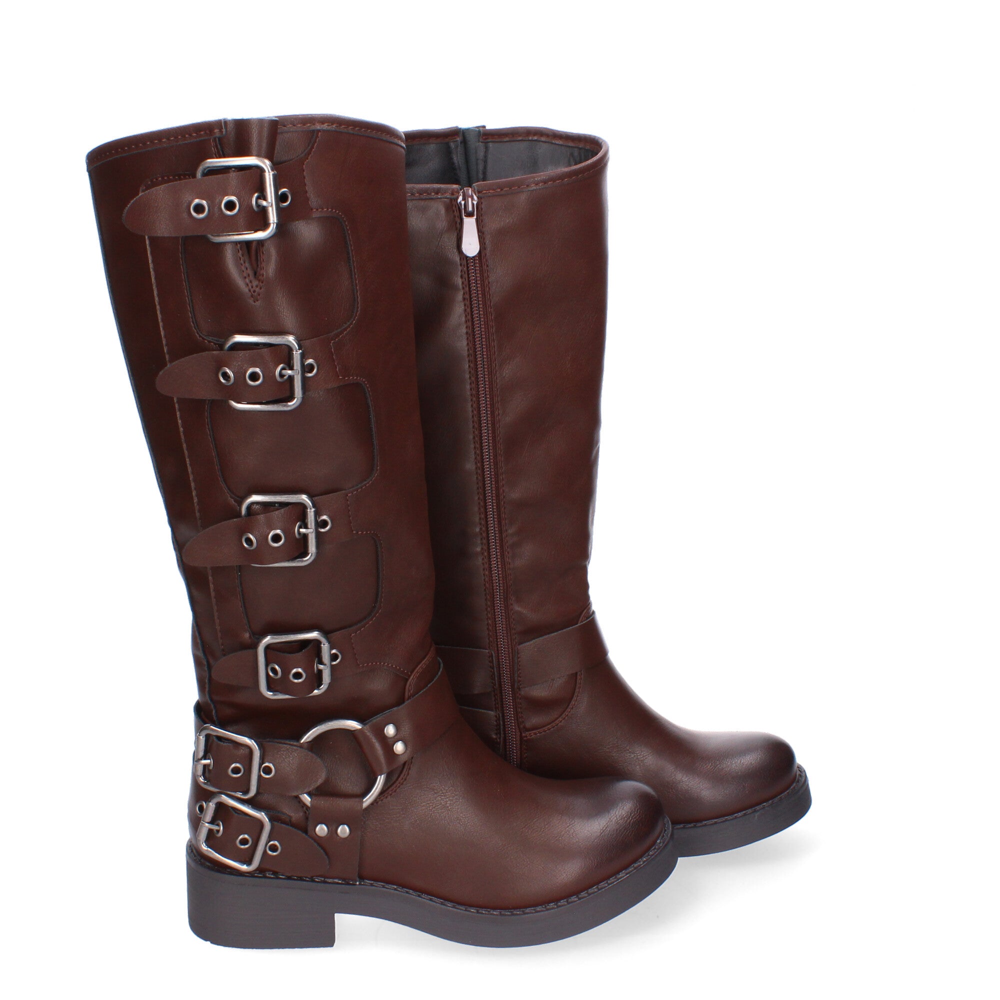 Botas de Mujer con Múltiples Hebillas y Punta Redonda