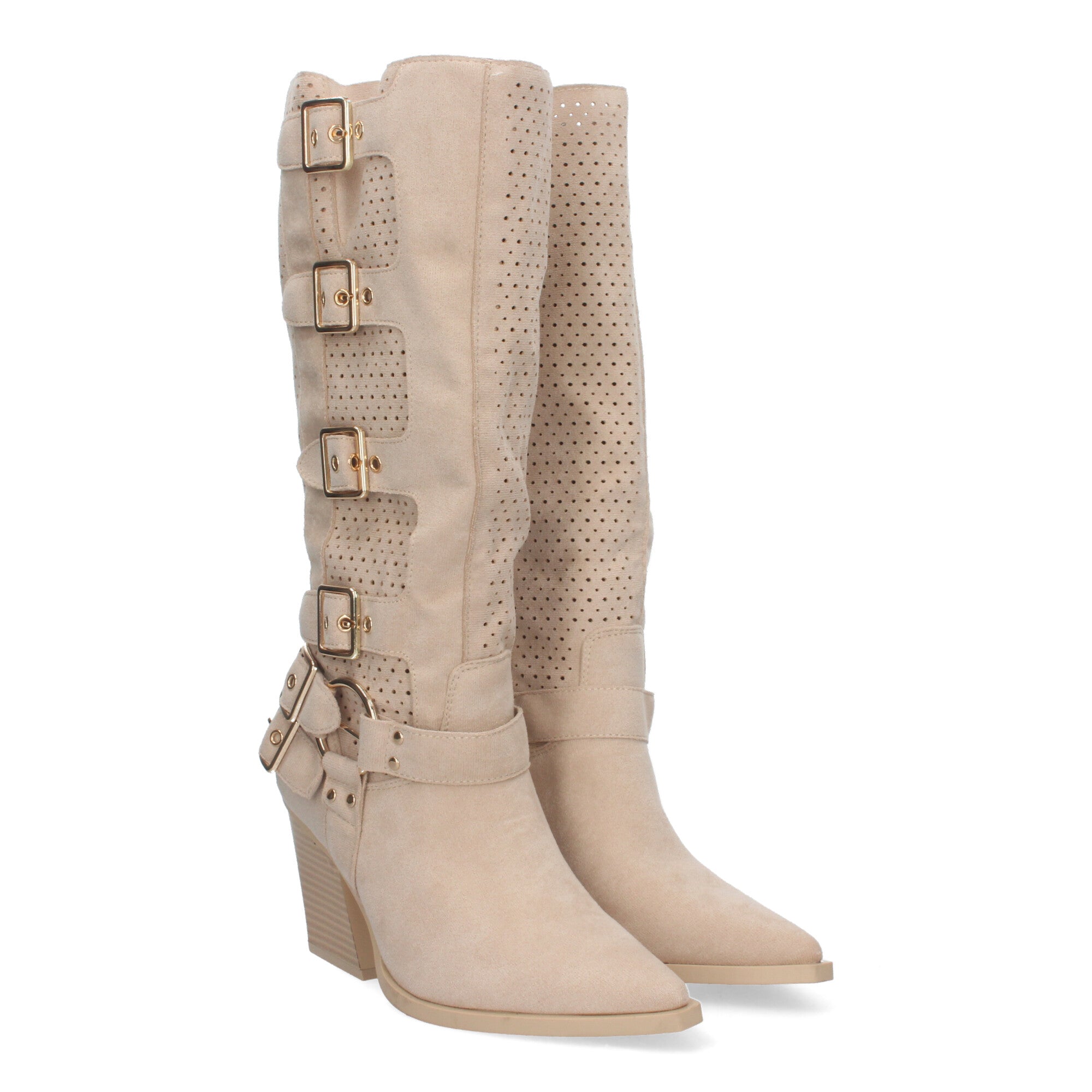 Botas Elegantes de Mujer con Tacón, Hebillas y Caña Calada