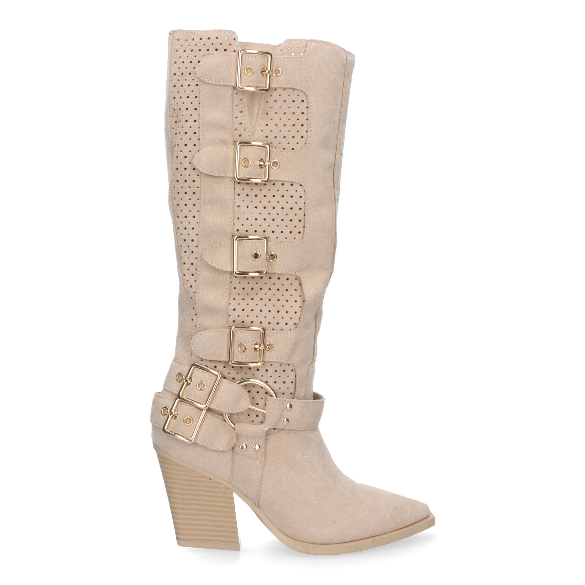 Botas Elegantes de Mujer con Tacón, Hebillas y Caña Calada
