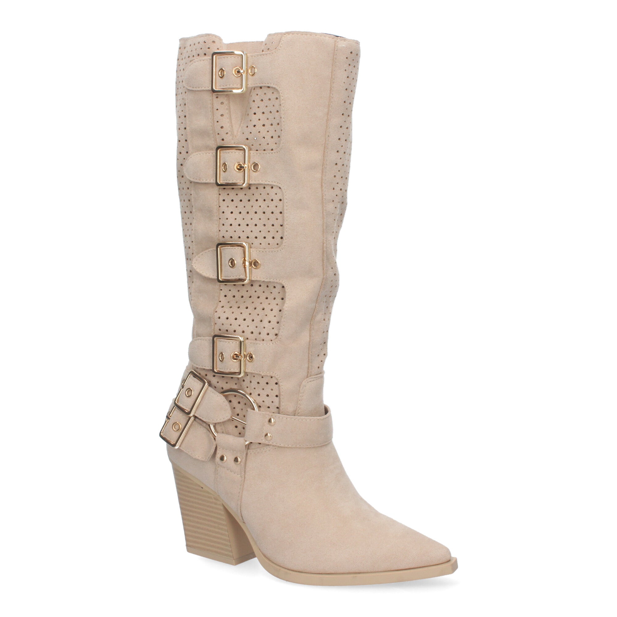Botas Elegantes de Mujer con Tacón, Hebillas y Caña Calada