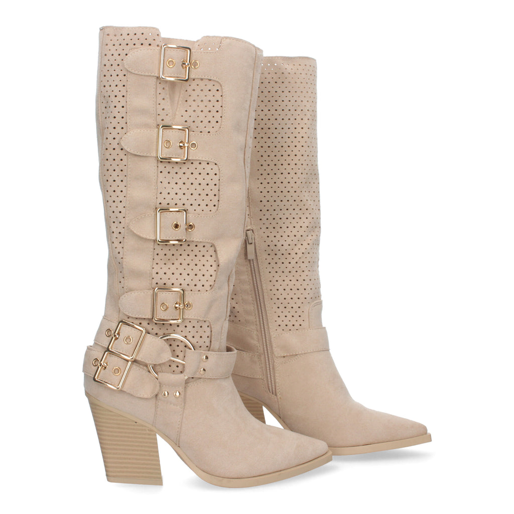 Botas Elegantes de Mujer con Tacón, Hebillas y Caña Calada