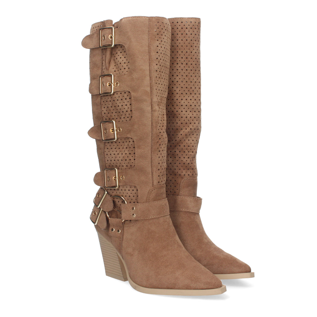 Botas Elegantes de Mujer con Tacón, Hebillas y Caña Calada
