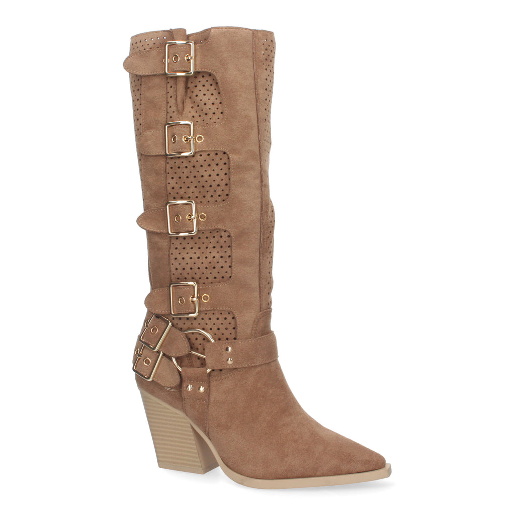 Botas Elegantes de Mujer con Tacón, Hebillas y Caña Calada