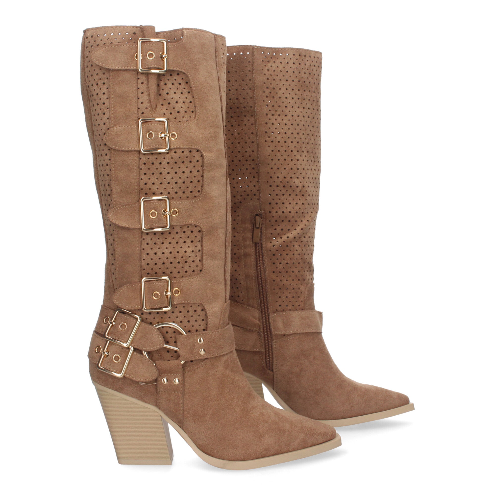 Botas Elegantes de Mujer con Tacón, Hebillas y Caña Calada