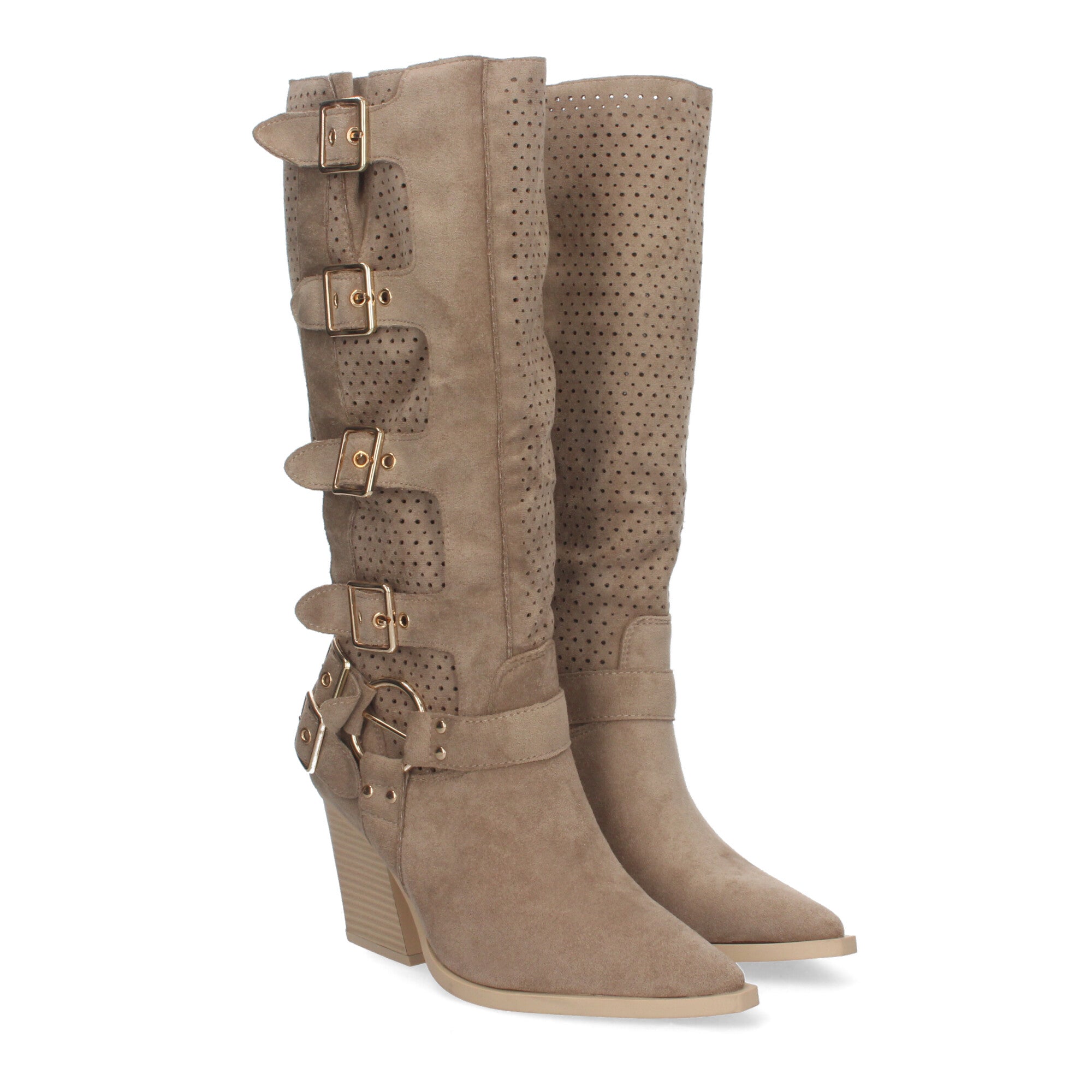 Botas Elegantes de Mujer con Tacón, Hebillas y Caña Calada
