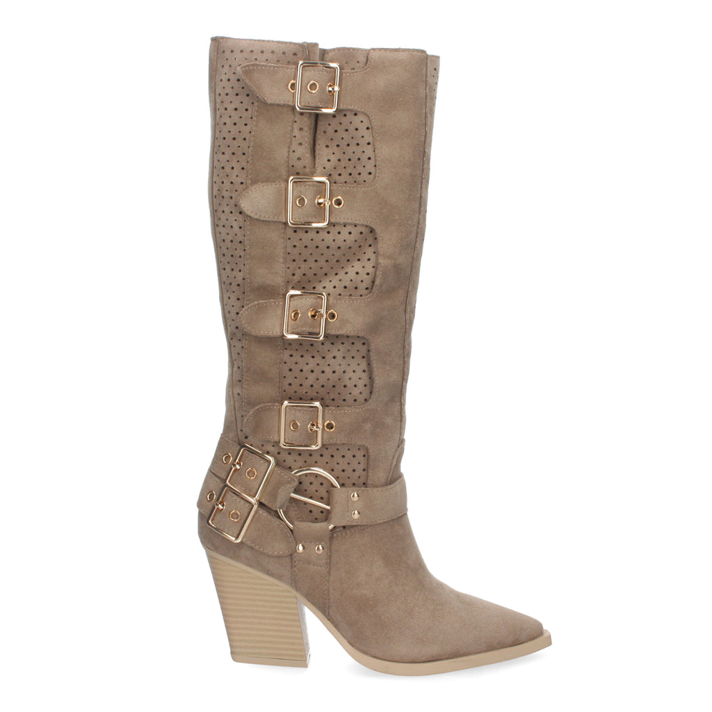 Botas Elegantes de Mujer con Tacón, Hebillas y Caña Calada