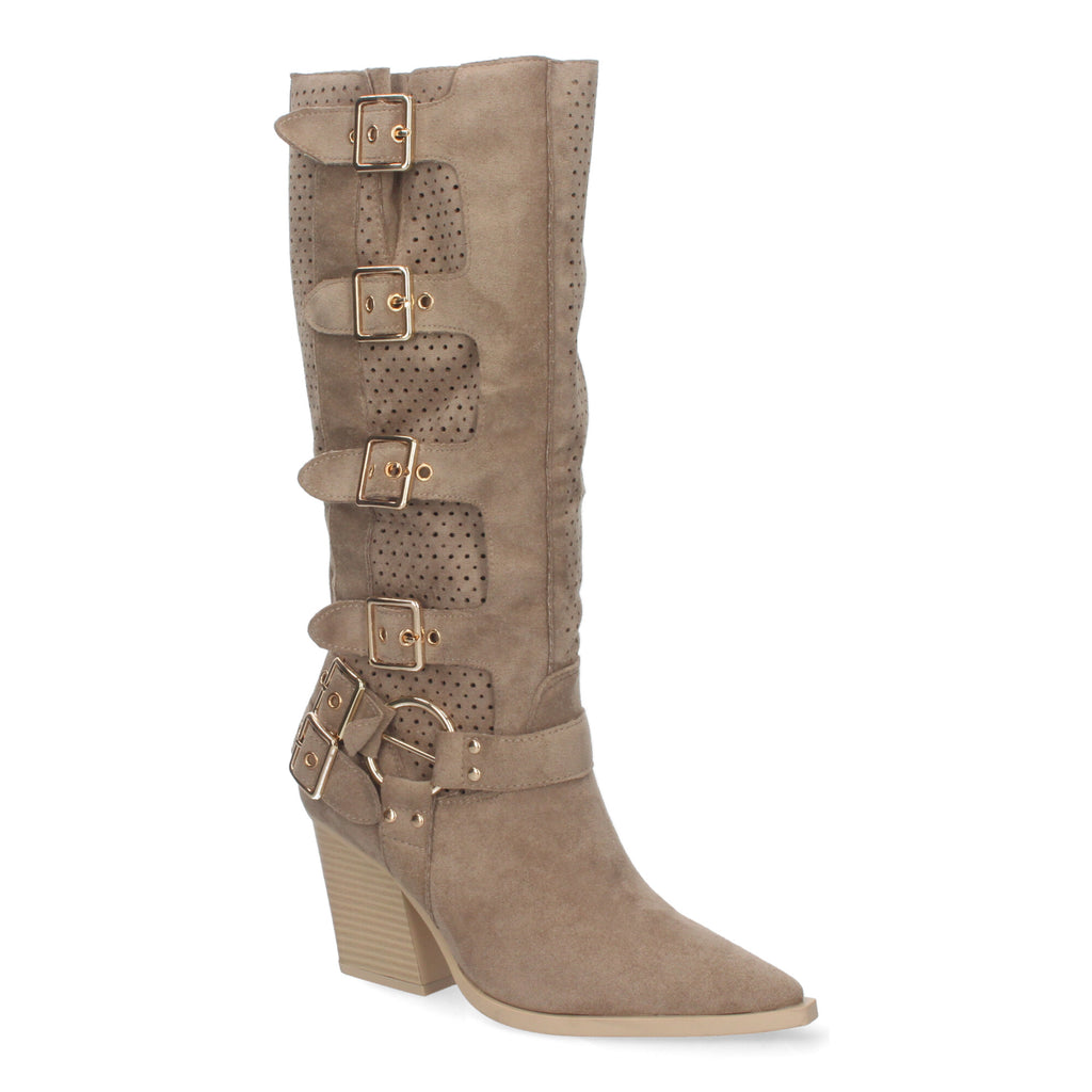 Botas Elegantes de Mujer con Tacón, Hebillas y Caña Calada