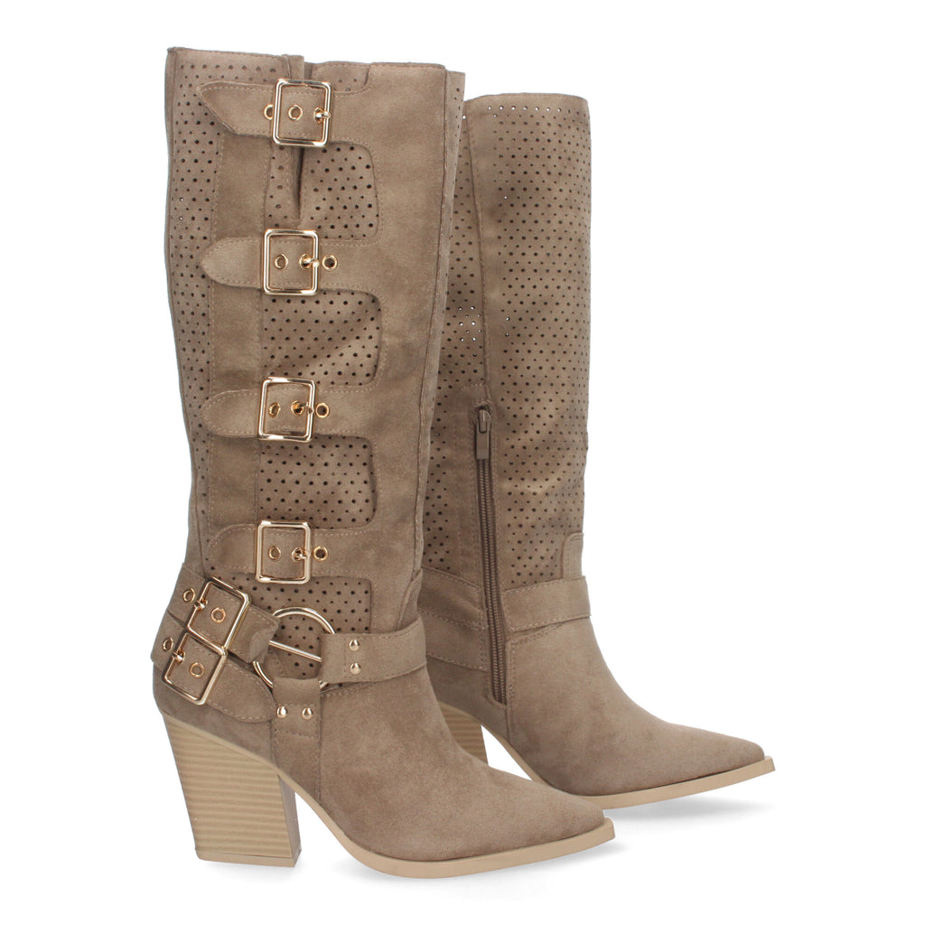 Botas Elegantes de Mujer con Tacón, Hebillas y Caña Calada