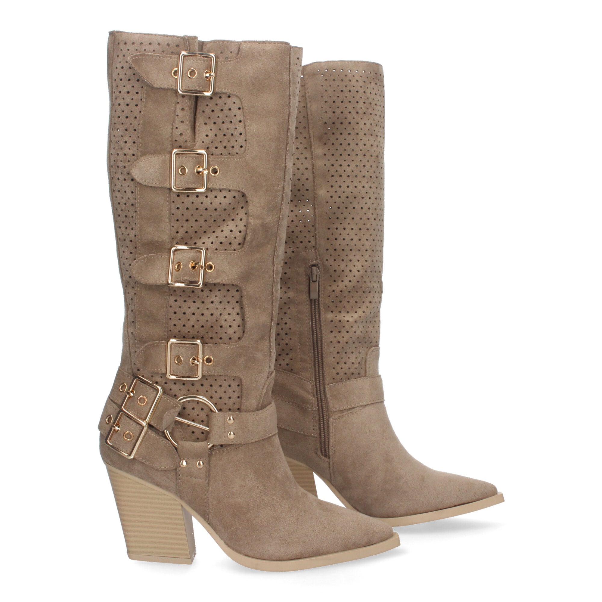 Botas Elegantes de Mujer con Tacón, Hebillas y Caña Calada