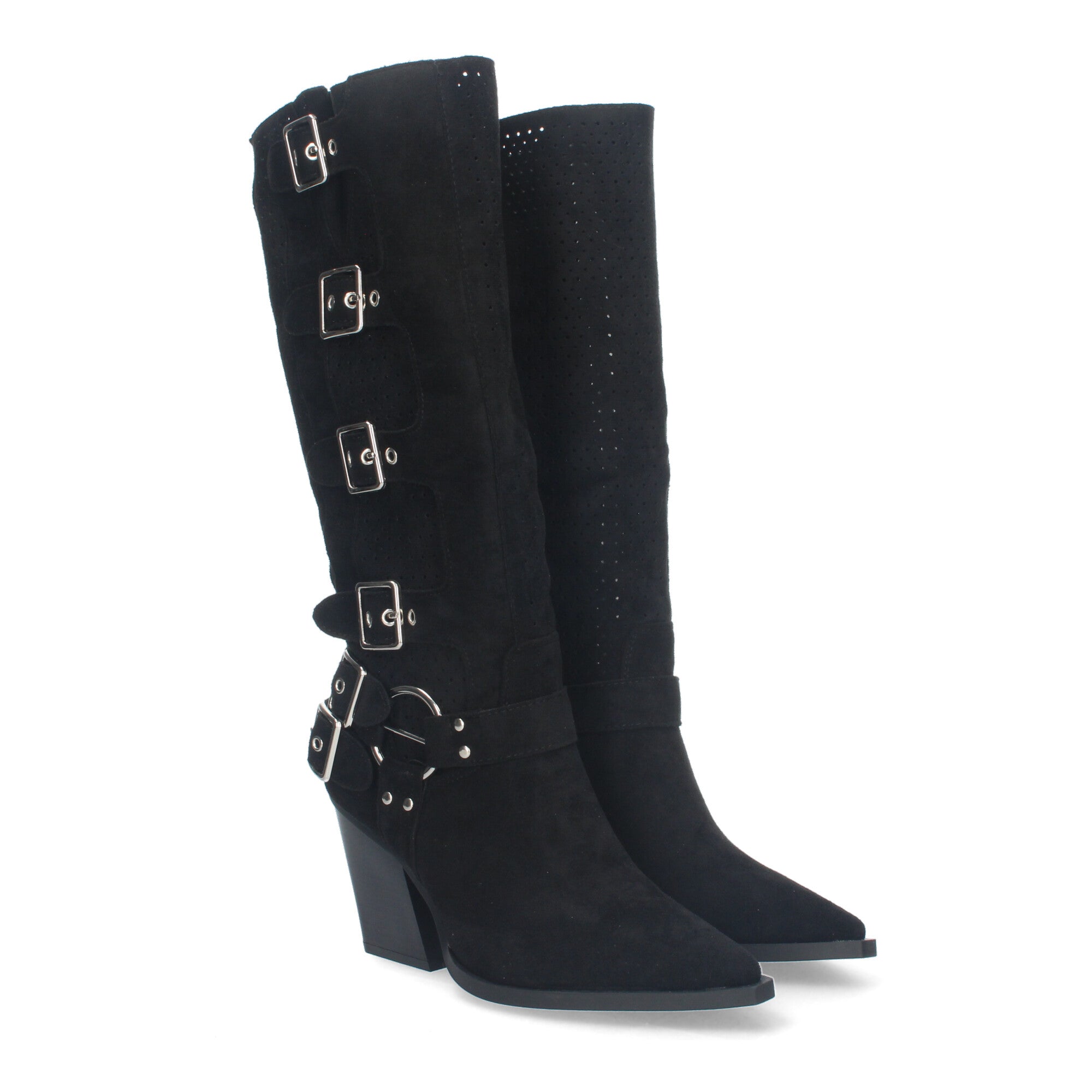 Botas Elegantes de Mujer con Tacón, Hebillas y Caña Calada