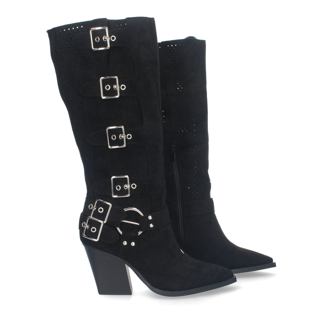 Botas Elegantes de Mujer con Tacón, Hebillas y Caña Calada