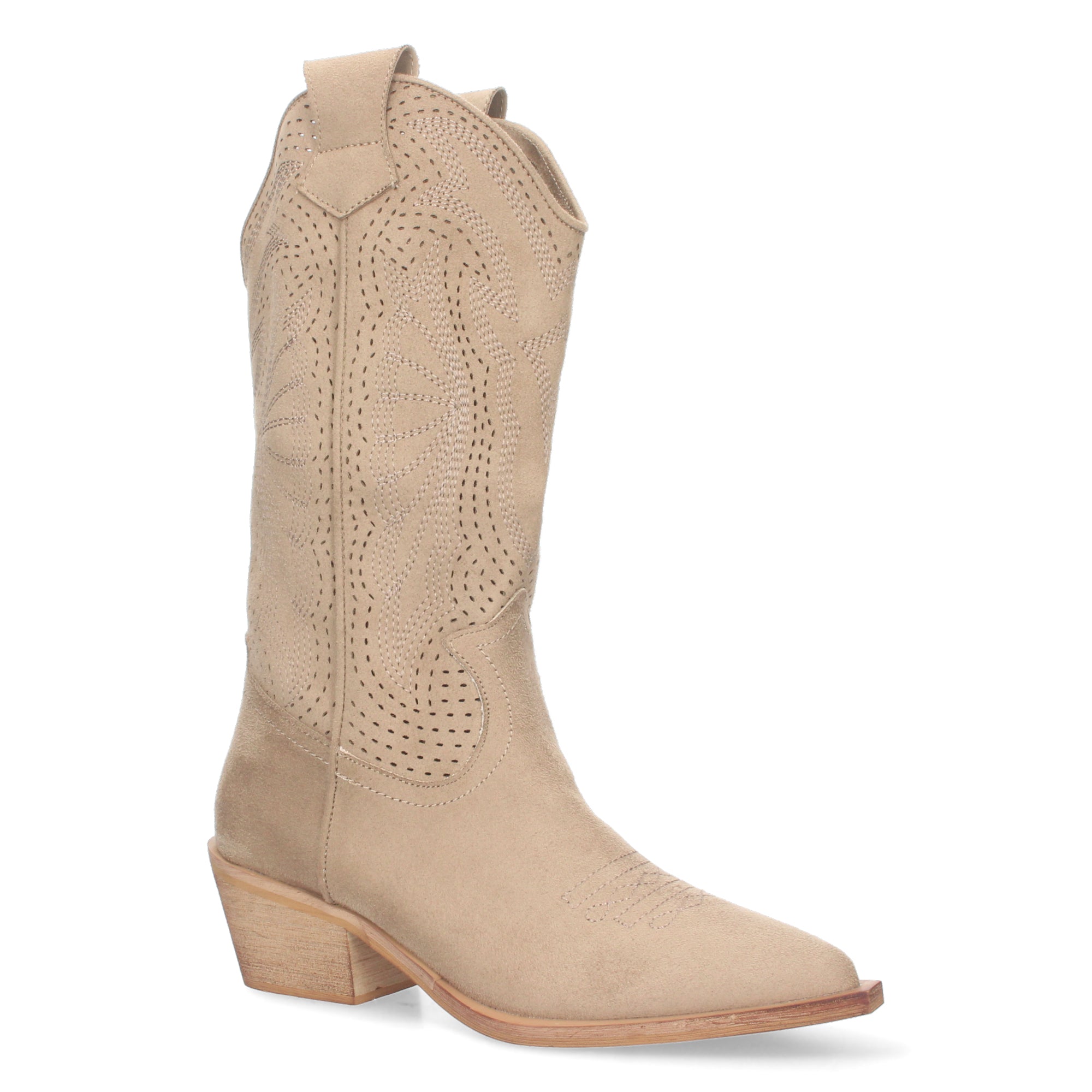 Botas de Tacón Campero para Mujer Perforadas con Punta Fina y Cierre Lateral