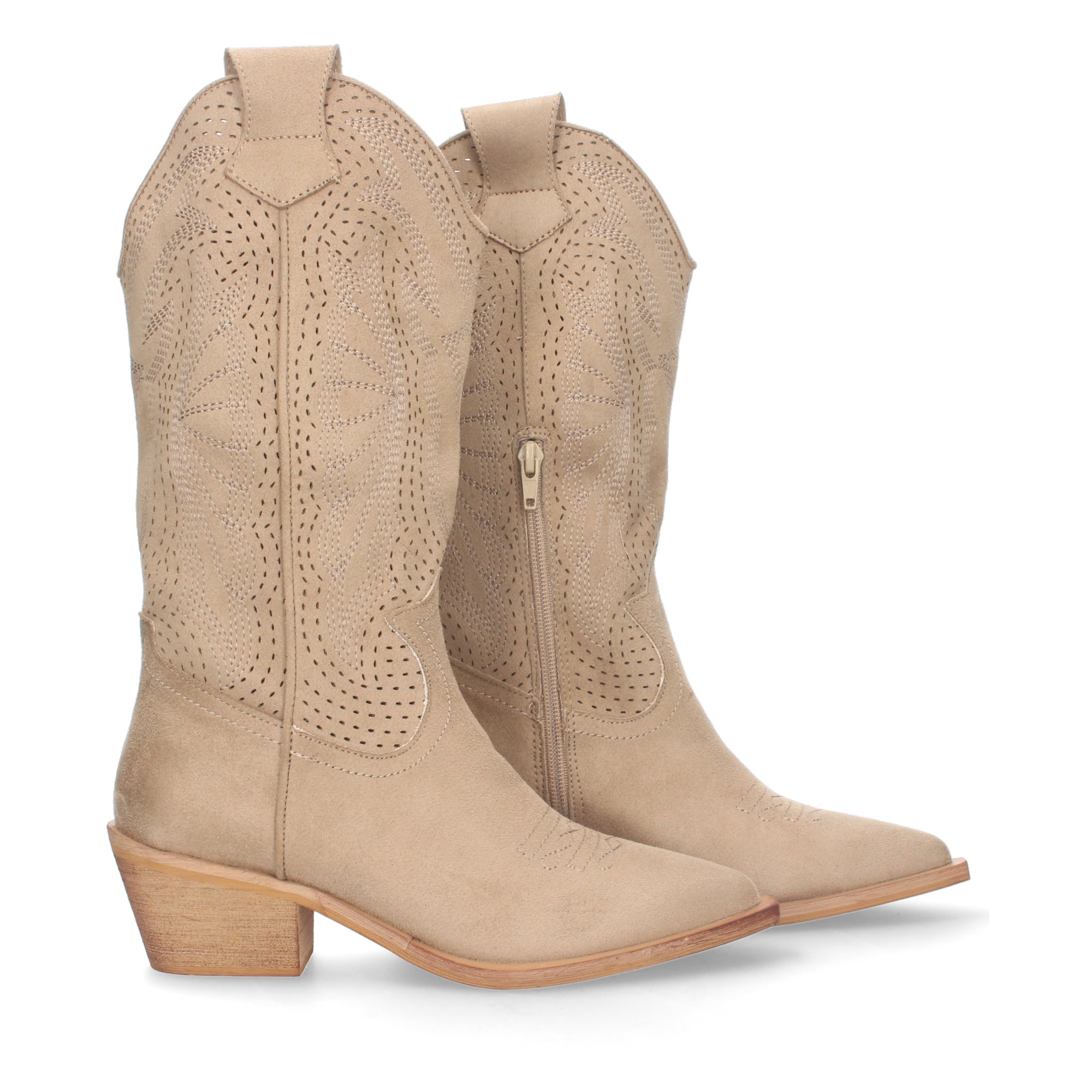 Botas de Tacón Campero para Mujer Perforadas con Punta Fina y Cierre Lateral
