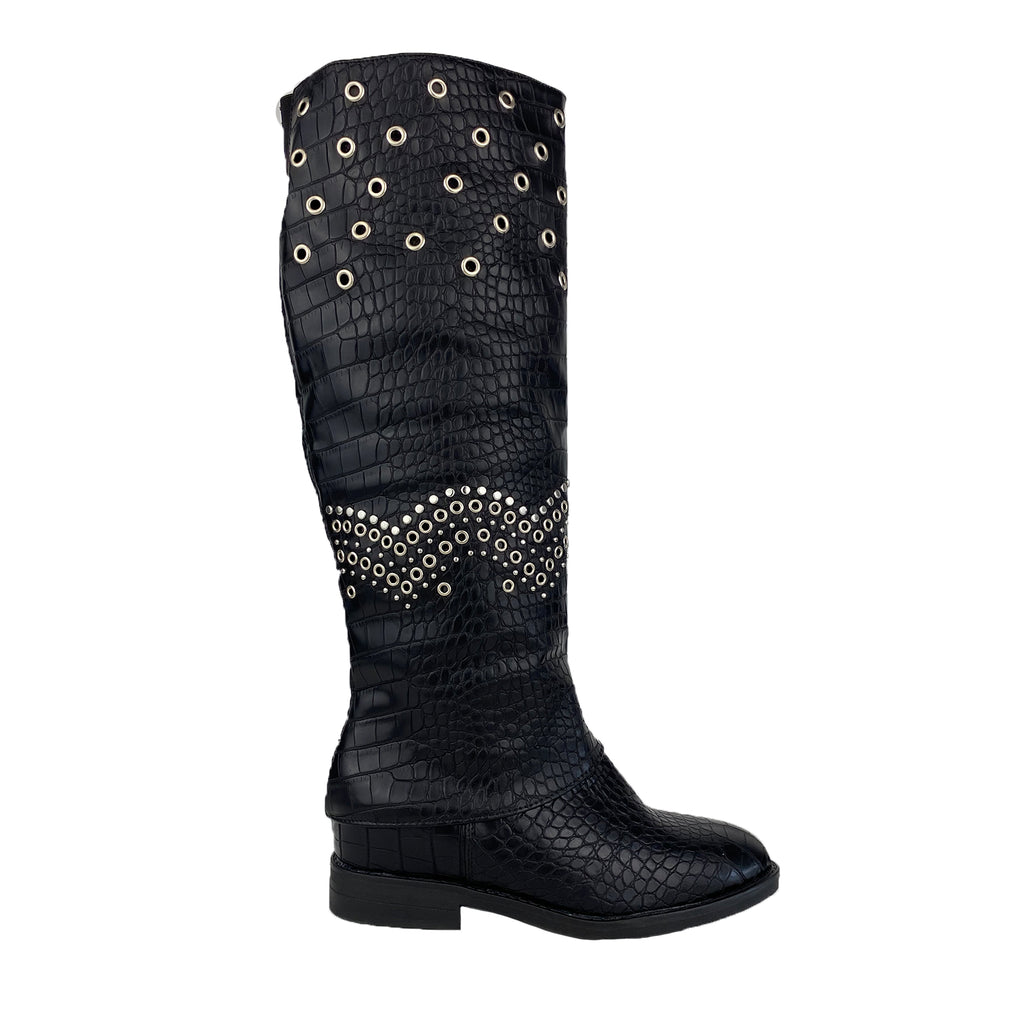 Bota de Mujer con Estampado de Cocodrilo, Tachuelas y Cierre de Cremallera
